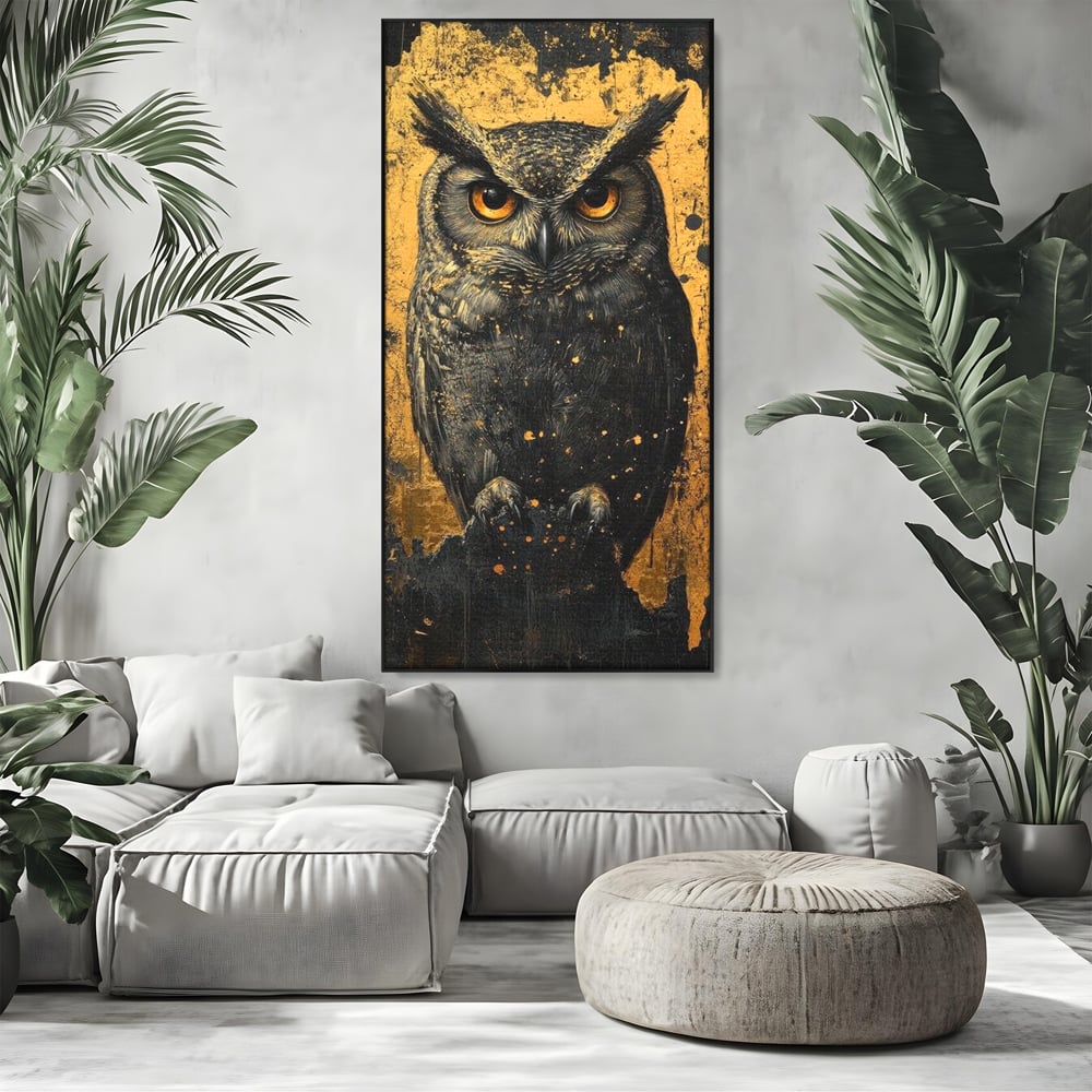 Tablou Canvas Premium, LuxCanva® M1015, Gardianul Noptii, Bufnita, Pasare, Ochi, Noapte, Mister, Intelepciune, Eleganta, Auriu, Negru, Birou, Living, Camera Copii