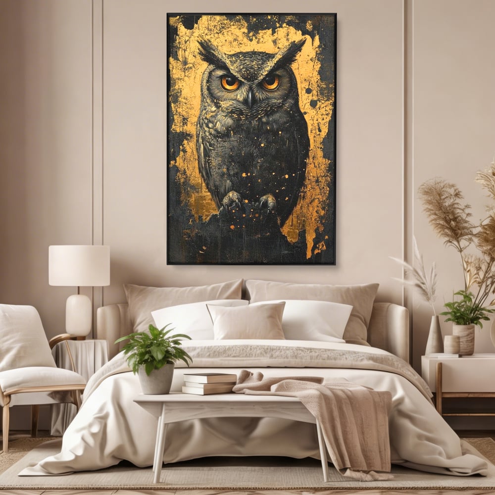 Tablou Canvas Premium, LuxCanva® M1015, Gardianul Noptii, Bufnita, Pasare, Ochi, Noapte, Mister, Intelepciune, Eleganta, Auriu, Negru, Birou, Living, Camera Copii