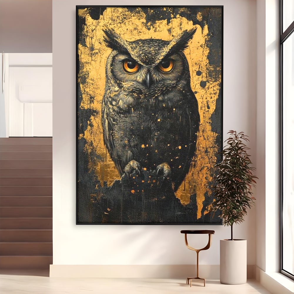 Tablou Canvas Premium, LuxCanva® M1015, Gardianul Noptii, Bufnita, Pasare, Ochi, Noapte, Mister, Intelepciune, Eleganta, Auriu, Negru, Birou, Living, Camera Copii