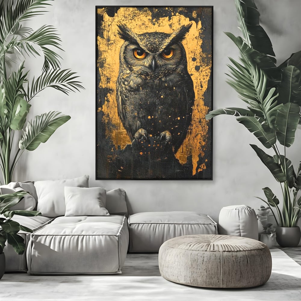 Tablou Canvas Premium, LuxCanva® M1015, Gardianul Noptii, Bufnita, Pasare, Ochi, Noapte, Mister, Intelepciune, Eleganta, Auriu, Negru, Birou, Living, Camera Copii