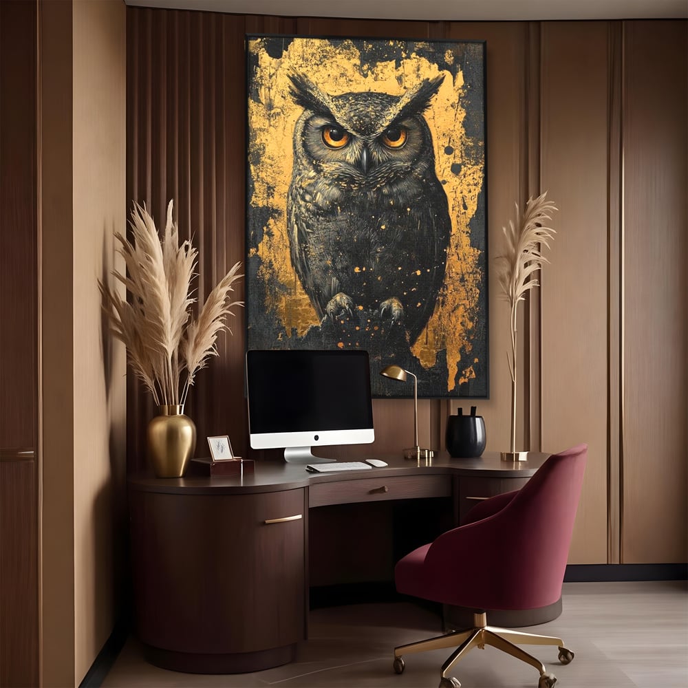 Tablou Canvas Premium, LuxCanva® M1015, Gardianul Noptii, Bufnita, Pasare, Ochi, Noapte, Mister, Intelepciune, Eleganta, Auriu, Negru, Birou, Living, Camera Copii