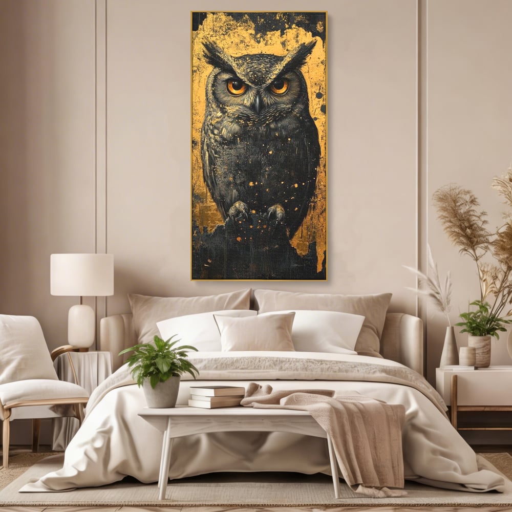 Tablou Canvas Premium, LuxCanva® M1015, Gardianul Noptii, Bufnita, Pasare, Ochi, Noapte, Mister, Intelepciune, Eleganta, Auriu, Negru, Birou, Living, Camera Copii