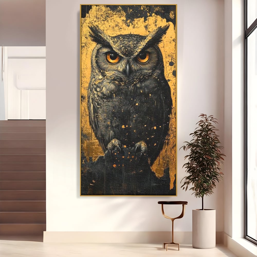 Tablou Canvas Premium, LuxCanva® M1015, Gardianul Noptii, Bufnita, Pasare, Ochi, Noapte, Mister, Intelepciune, Eleganta, Auriu, Negru, Birou, Living, Camera Copii