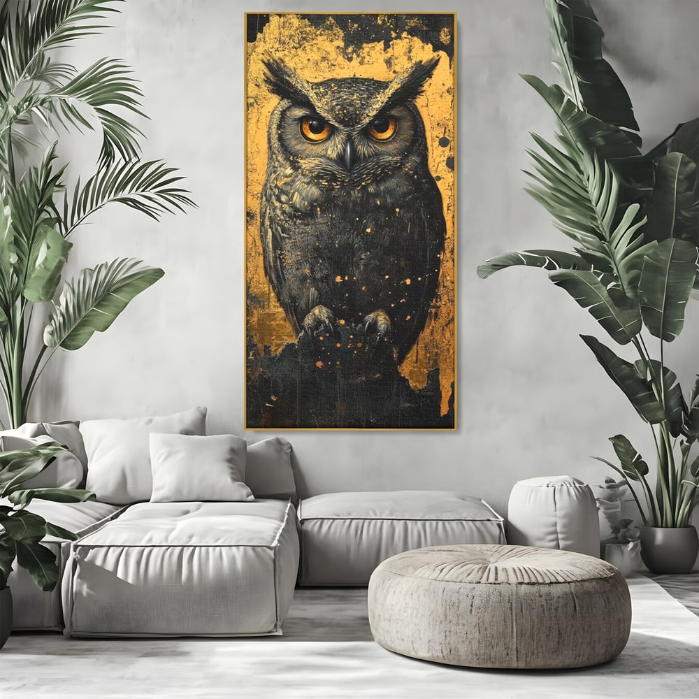 Tablou Canvas Premium, LuxCanva® M1015, Gardianul Noptii, Bufnita, Pasare, Ochi, Noapte, Mister, Intelepciune, Eleganta, Auriu, Negru, Birou, Living, Camera Copii