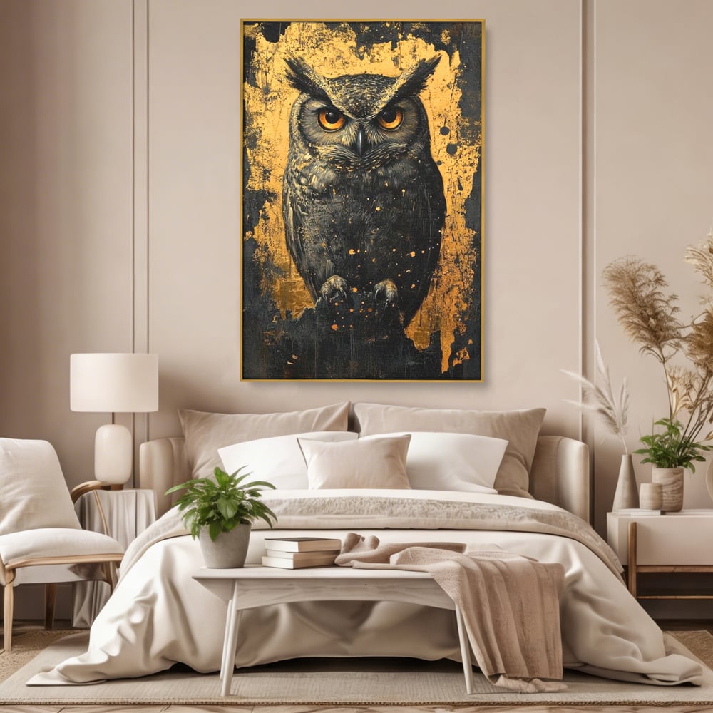 Tablou Canvas Premium, LuxCanva® M1015, Gardianul Noptii, Bufnita, Pasare, Ochi, Noapte, Mister, Intelepciune, Eleganta, Auriu, Negru, Birou, Living, Camera Copii