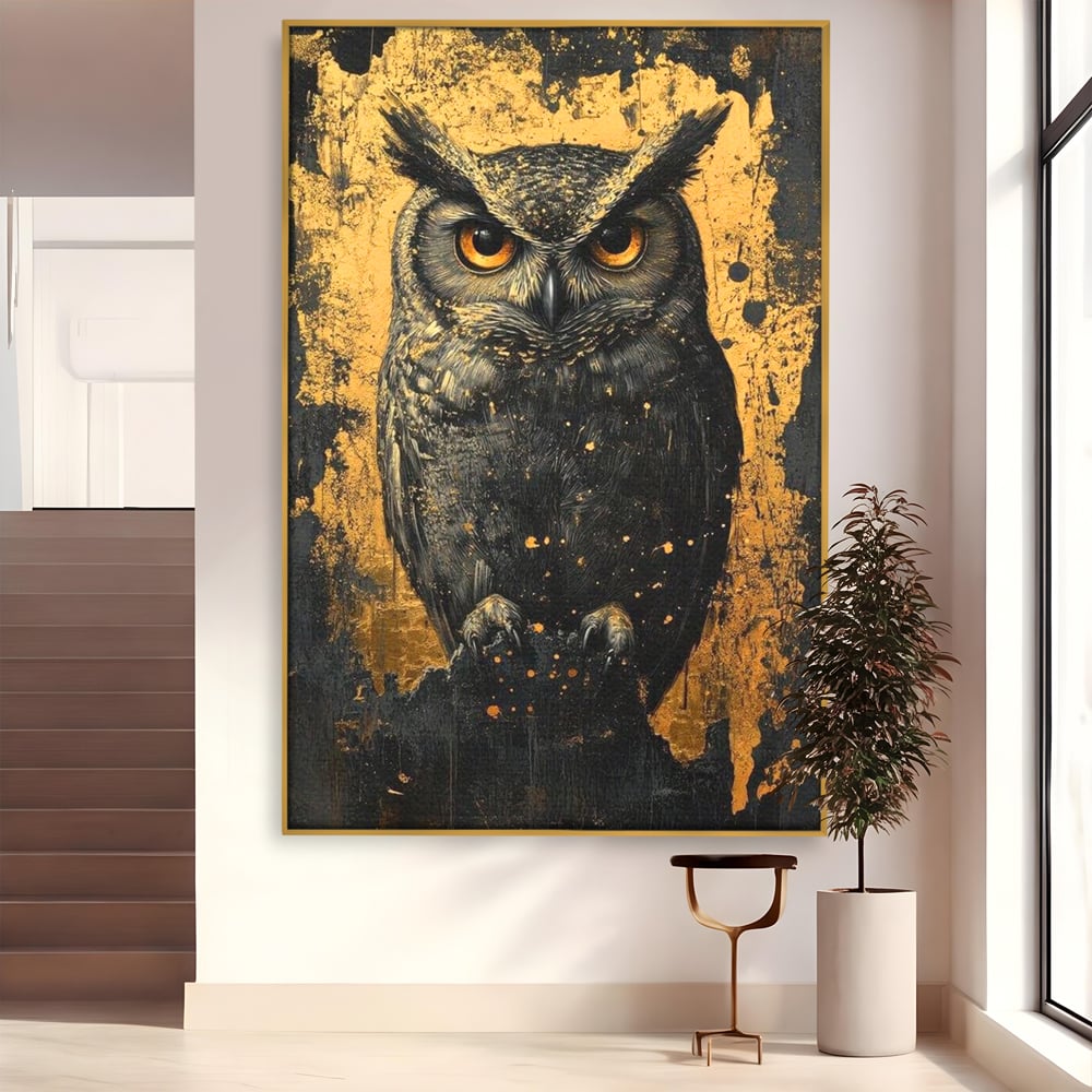 Tablou Canvas Premium, LuxCanva® M1015, Gardianul Noptii, Bufnita, Pasare, Ochi, Noapte, Mister, Intelepciune, Eleganta, Auriu, Negru, Birou, Living, Camera Copii