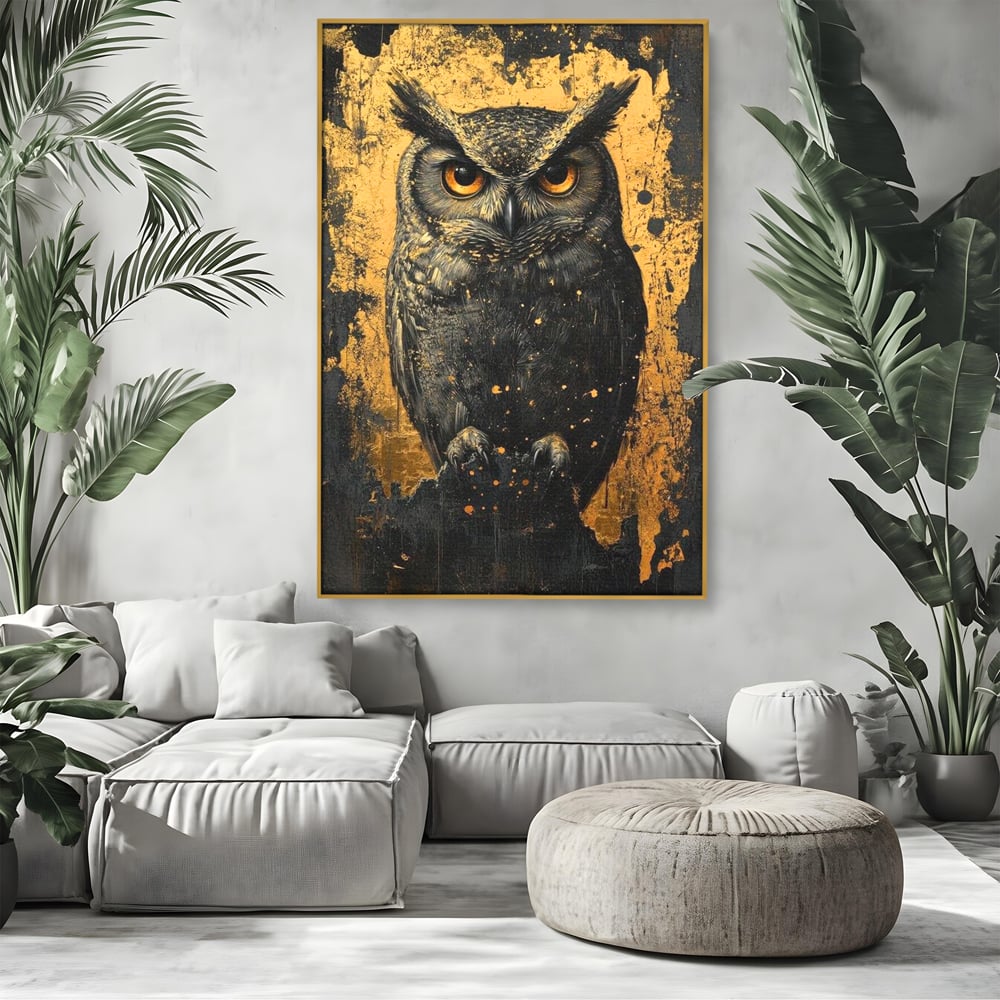 Tablou Canvas Premium, LuxCanva® M1015, Gardianul Noptii, Bufnita, Pasare, Ochi, Noapte, Mister, Intelepciune, Eleganta, Auriu, Negru, Birou, Living, Camera Copii