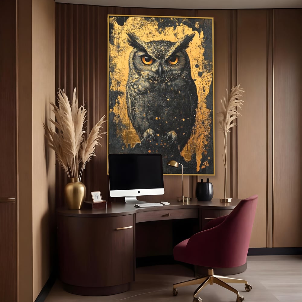 Tablou Canvas Premium, LuxCanva® M1015, Gardianul Noptii, Bufnita, Pasare, Ochi, Noapte, Mister, Intelepciune, Eleganta, Auriu, Negru, Birou, Living, Camera Copii