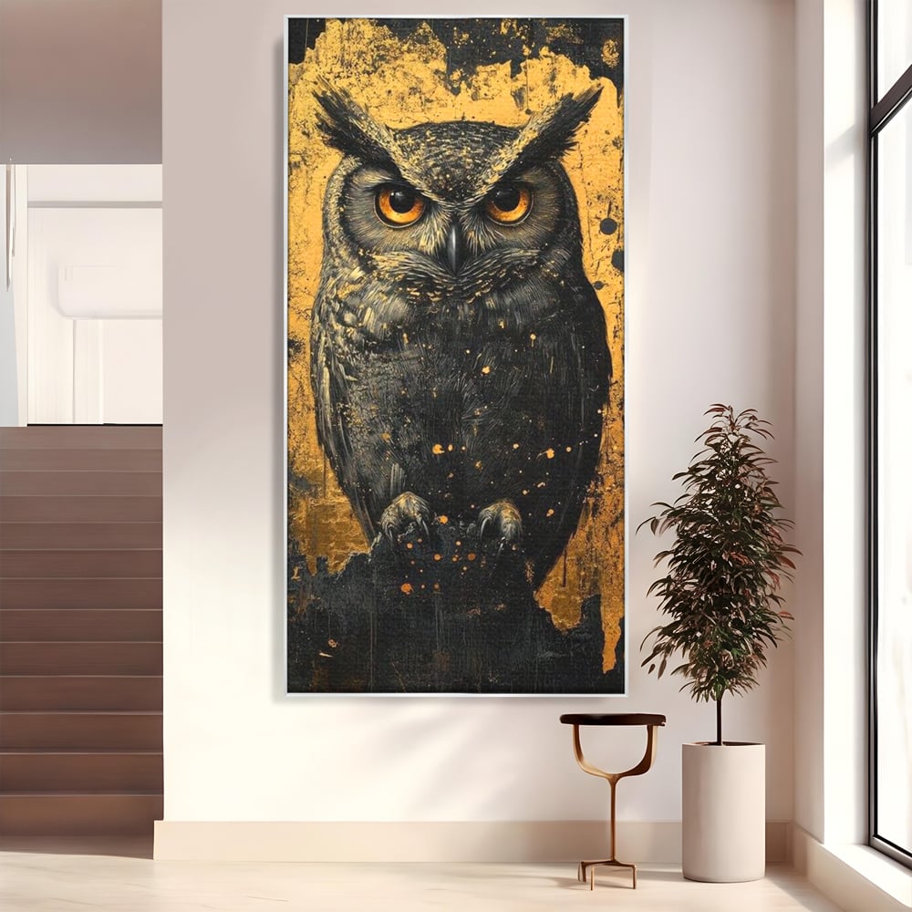 Tablou Canvas Premium, LuxCanva® M1015, Gardianul Noptii, Bufnita, Pasare, Ochi, Noapte, Mister, Intelepciune, Eleganta, Auriu, Negru, Birou, Living, Camera Copii