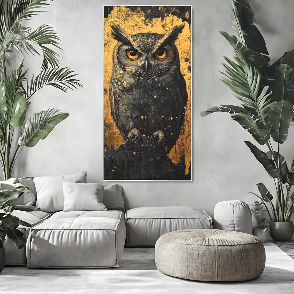 Tablou Canvas Premium, LuxCanva® M1015, Gardianul Noptii, Bufnita, Pasare, Ochi, Noapte, Mister, Intelepciune, Eleganta, Auriu, Negru, Birou, Living, Camera Copii