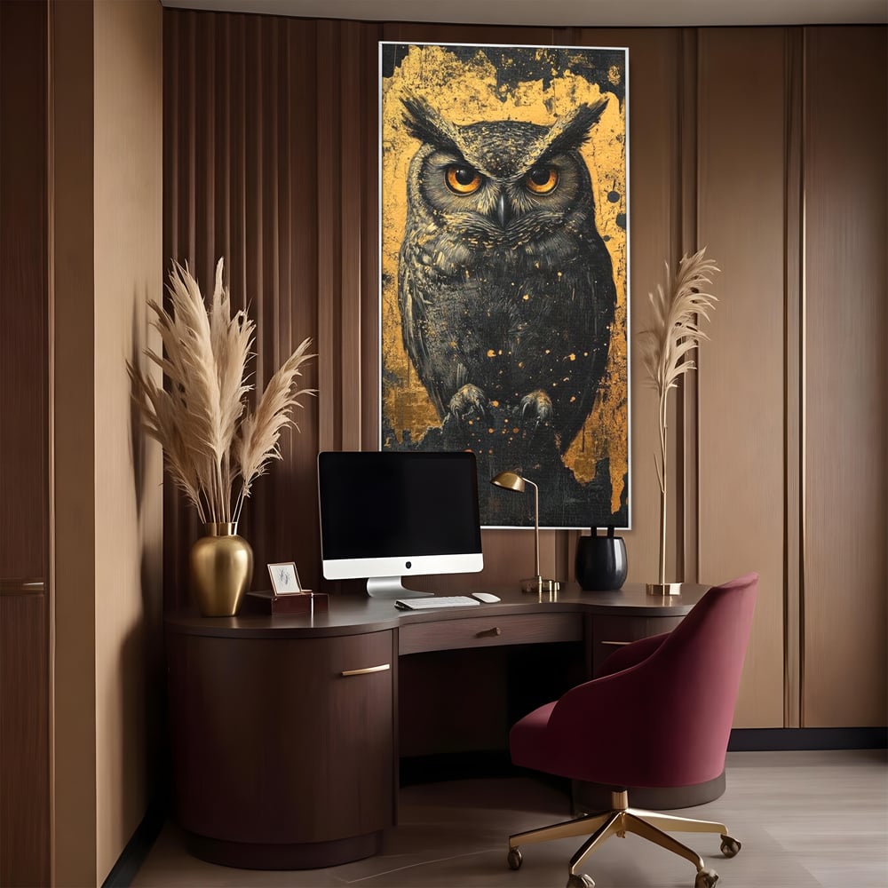 Tablou Canvas Premium, LuxCanva® M1015, Gardianul Noptii, Bufnita, Pasare, Ochi, Noapte, Mister, Intelepciune, Eleganta, Auriu, Negru, Birou, Living, Camera Copii