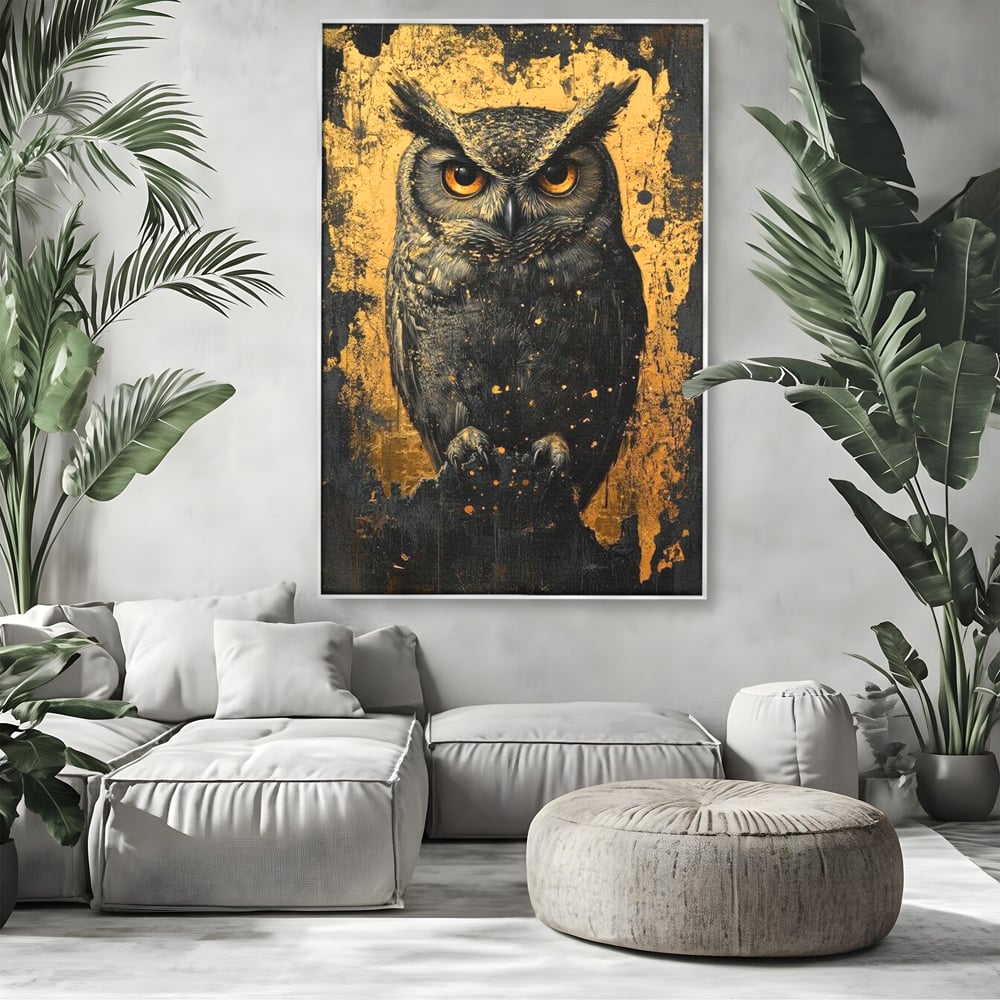 Tablou Canvas Premium, LuxCanva® M1015, Gardianul Noptii, Bufnita, Pasare, Ochi, Noapte, Mister, Intelepciune, Eleganta, Auriu, Negru, Birou, Living, Camera Copii