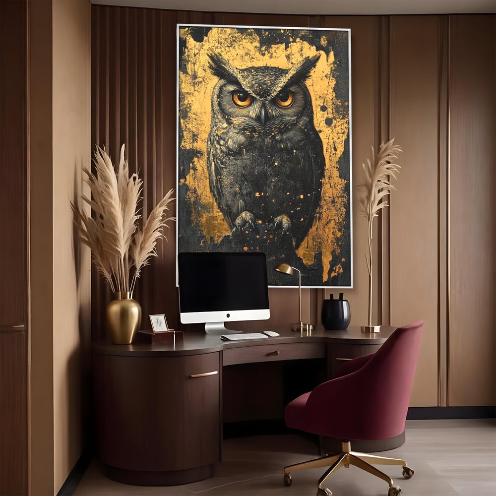 Tablou Canvas Premium, LuxCanva® M1015, Gardianul Noptii, Bufnita, Pasare, Ochi, Noapte, Mister, Intelepciune, Eleganta, Auriu, Negru, Birou, Living, Camera Copii
