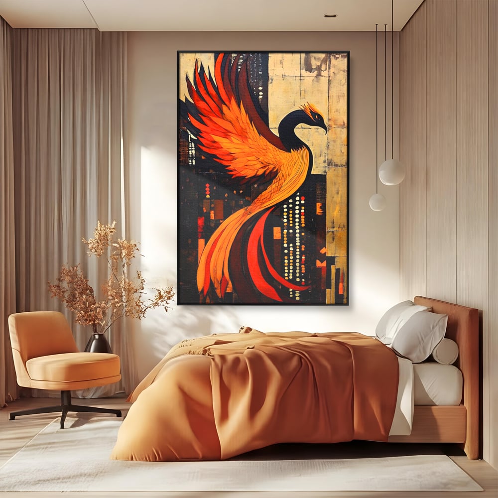 Tablou Canvas Premium, LuxCanva® M1016, Ascensiunea Phoenixului, Renastere, Aripi, Flacari, Pasare, Zbor, Mitologie, Eleganta, Birou, Living, Camera Copii