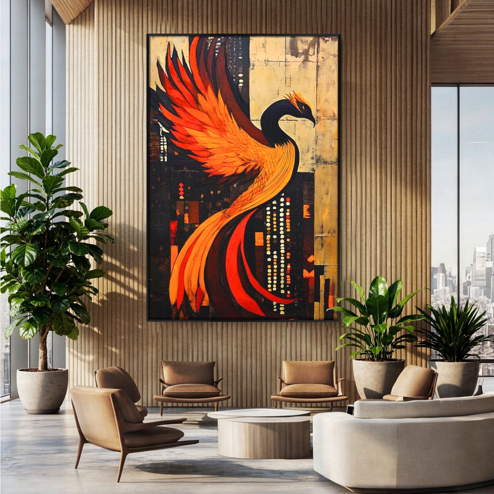 Tablou Canvas Premium, LuxCanva® M1016, Ascensiunea Phoenixului, Renastere, Aripi, Flacari, Pasare, Zbor, Mitologie, Eleganta, Birou, Living, Camera Copii