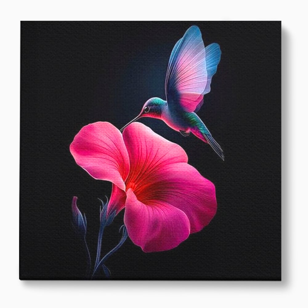 Tablou Canvas Premium, LuxCanva® M1017, Zbor catre Nectarul Vietii, Colibri, Pasare, Pastel, Floare, Petale, Natura, Contrast, Magie, Birou, Living, Camera Copii