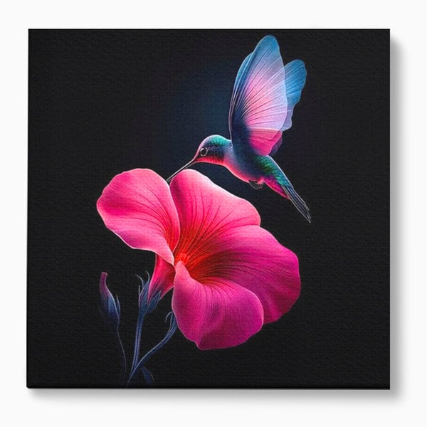 Tablou Canvas Premium, LuxCanva® M1017, Zbor catre Nectarul Vietii, Colibri, Pasare, Pastel, Floare, Petale, Natura, Contrast, Magie, Birou, Living, Camera Copii