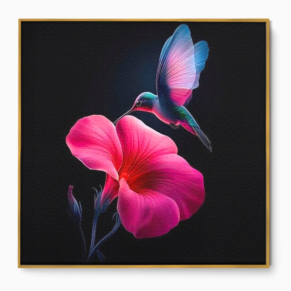 Tablou Canvas Premium, LuxCanva® M1017, Zbor catre Nectarul Vietii, Colibri, Pasare, Pastel, Floare, Petale, Natura, Contrast, Magie, Birou, Living, Camera Copii