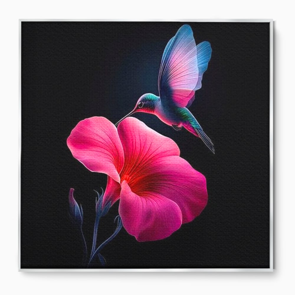 Tablou Canvas Premium, LuxCanva® M1017, Zbor catre Nectarul Vietii, Colibri, Pasare, Pastel, Floare, Petale, Natura, Contrast, Magie, Birou, Living, Camera Copii