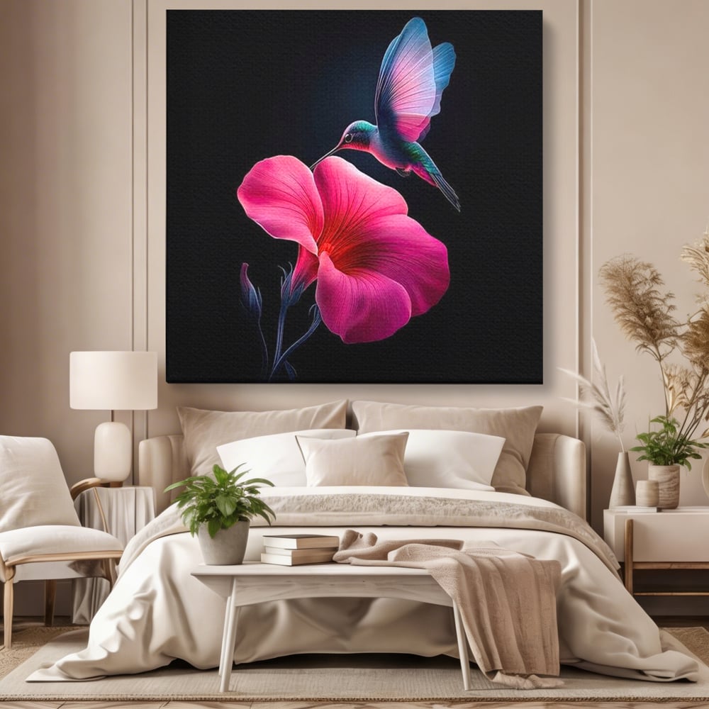 Tablou Canvas Premium, LuxCanva® M1017, Zbor catre Nectarul Vietii, Colibri, Pasare, Pastel, Floare, Petale, Natura, Contrast, Magie, Birou, Living, Camera Copii