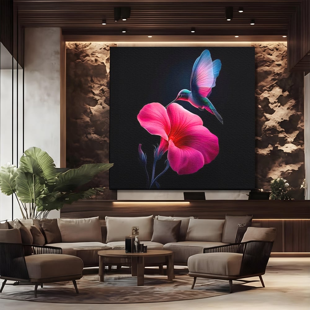 Tablou Canvas Premium, LuxCanva® M1017, Zbor catre Nectarul Vietii, Colibri, Pasare, Pastel, Floare, Petale, Natura, Contrast, Magie, Birou, Living, Camera Copii
