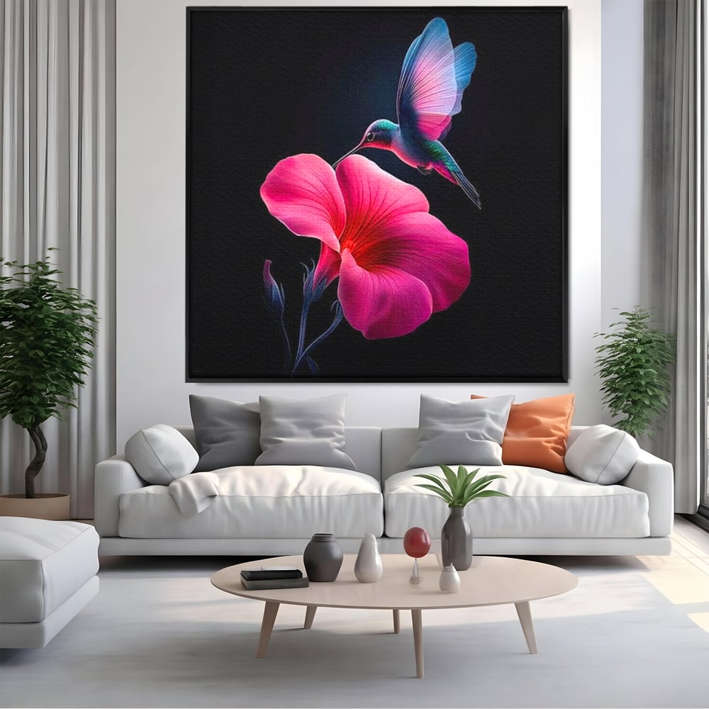 Tablou Canvas Premium, LuxCanva® M1017, Zbor catre Nectarul Vietii, Colibri, Pasare, Pastel, Floare, Petale, Natura, Contrast, Magie, Birou, Living, Camera Copii