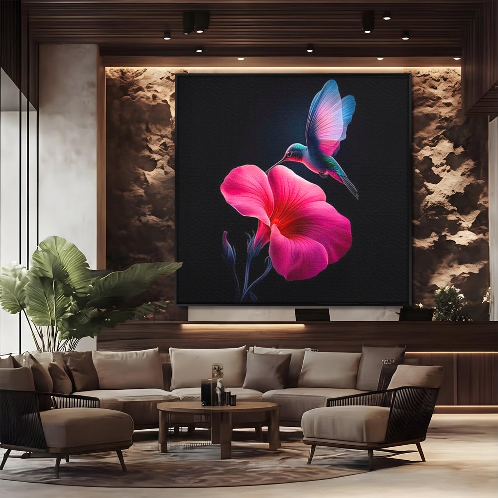 Tablou Canvas Premium, LuxCanva® M1017, Zbor catre Nectarul Vietii, Colibri, Pasare, Pastel, Floare, Petale, Natura, Contrast, Magie, Birou, Living, Camera Copii