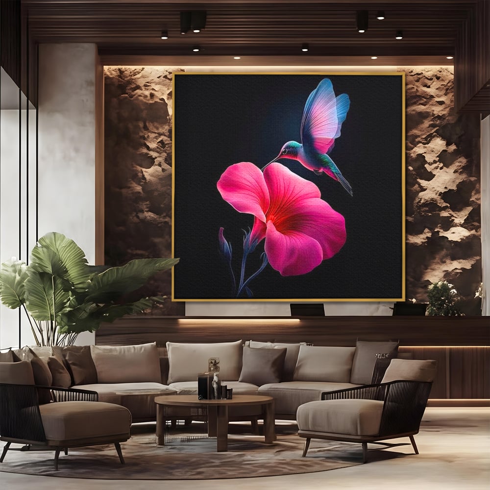 Tablou Canvas Premium, LuxCanva® M1017, Zbor catre Nectarul Vietii, Colibri, Pasare, Pastel, Floare, Petale, Natura, Contrast, Magie, Birou, Living, Camera Copii
