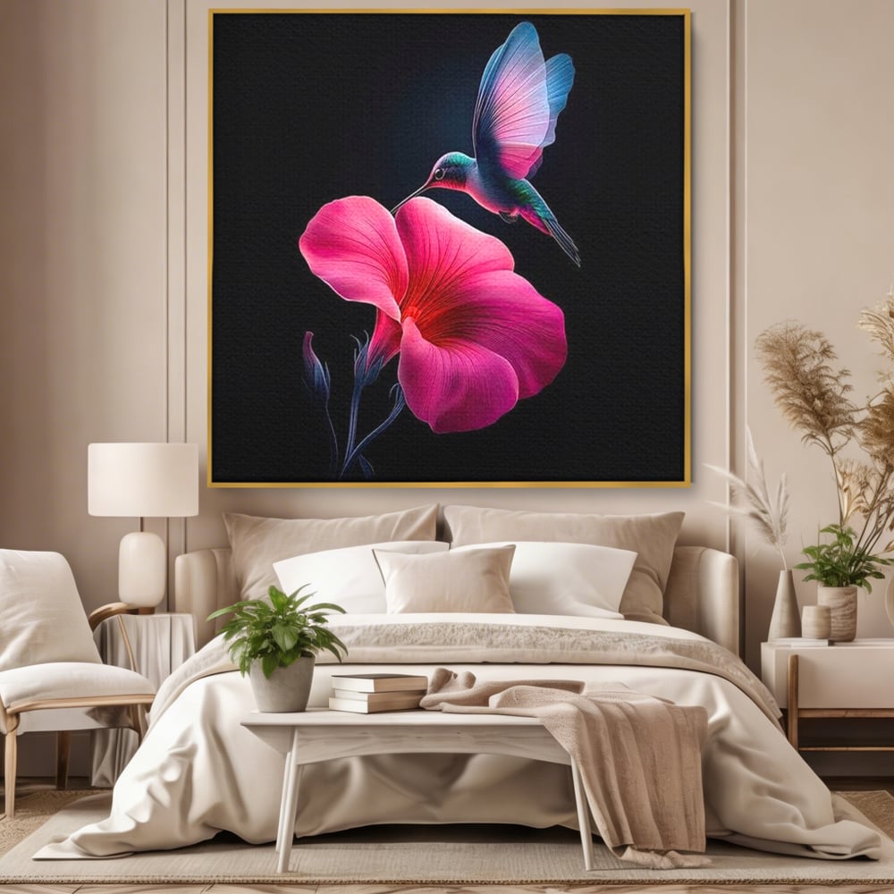 Tablou Canvas Premium, LuxCanva® M1017, Zbor catre Nectarul Vietii, Colibri, Pasare, Pastel, Floare, Petale, Natura, Contrast, Magie, Birou, Living, Camera Copii