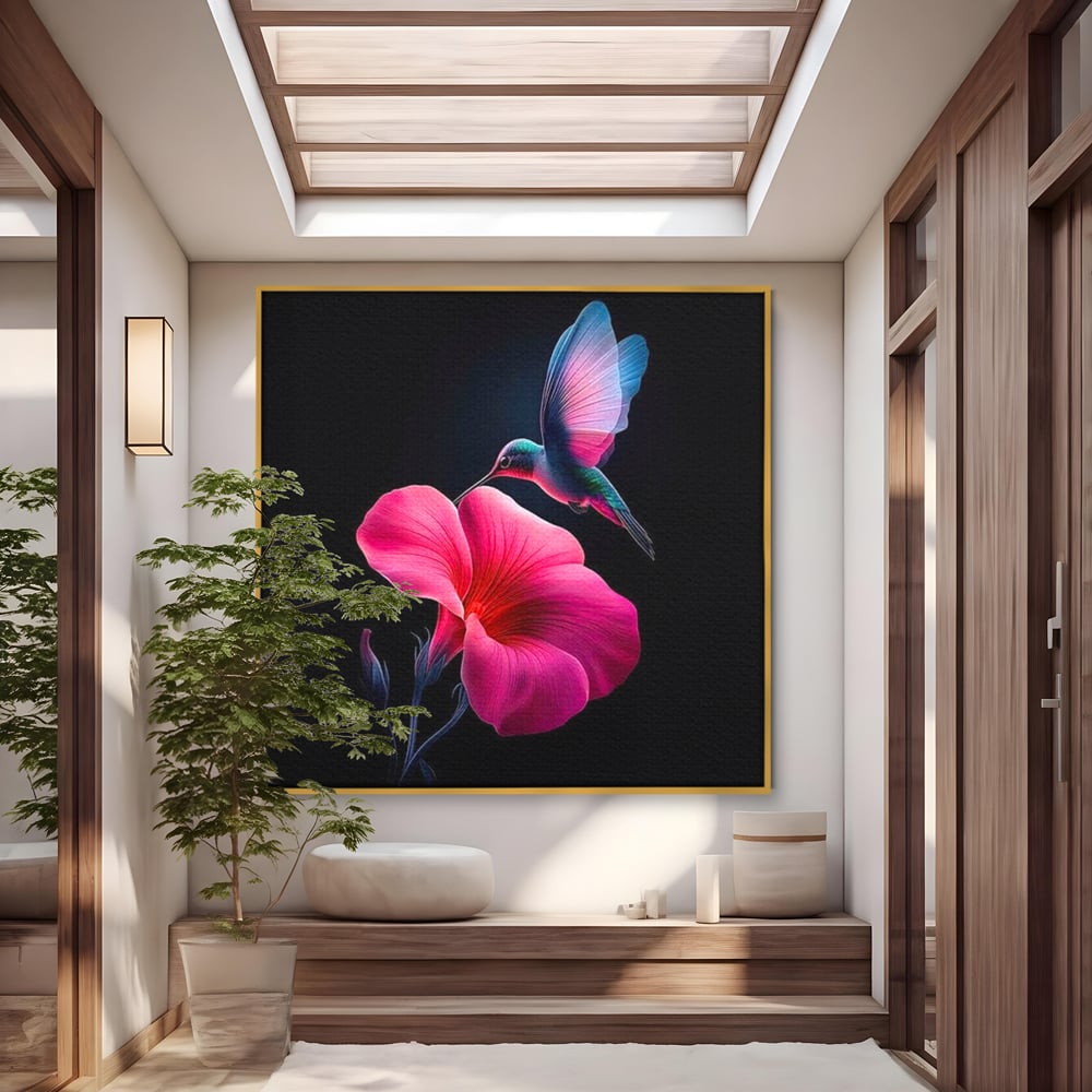 Tablou Canvas Premium, LuxCanva® M1017, Zbor catre Nectarul Vietii, Colibri, Pasare, Pastel, Floare, Petale, Natura, Contrast, Magie, Birou, Living, Camera Copii