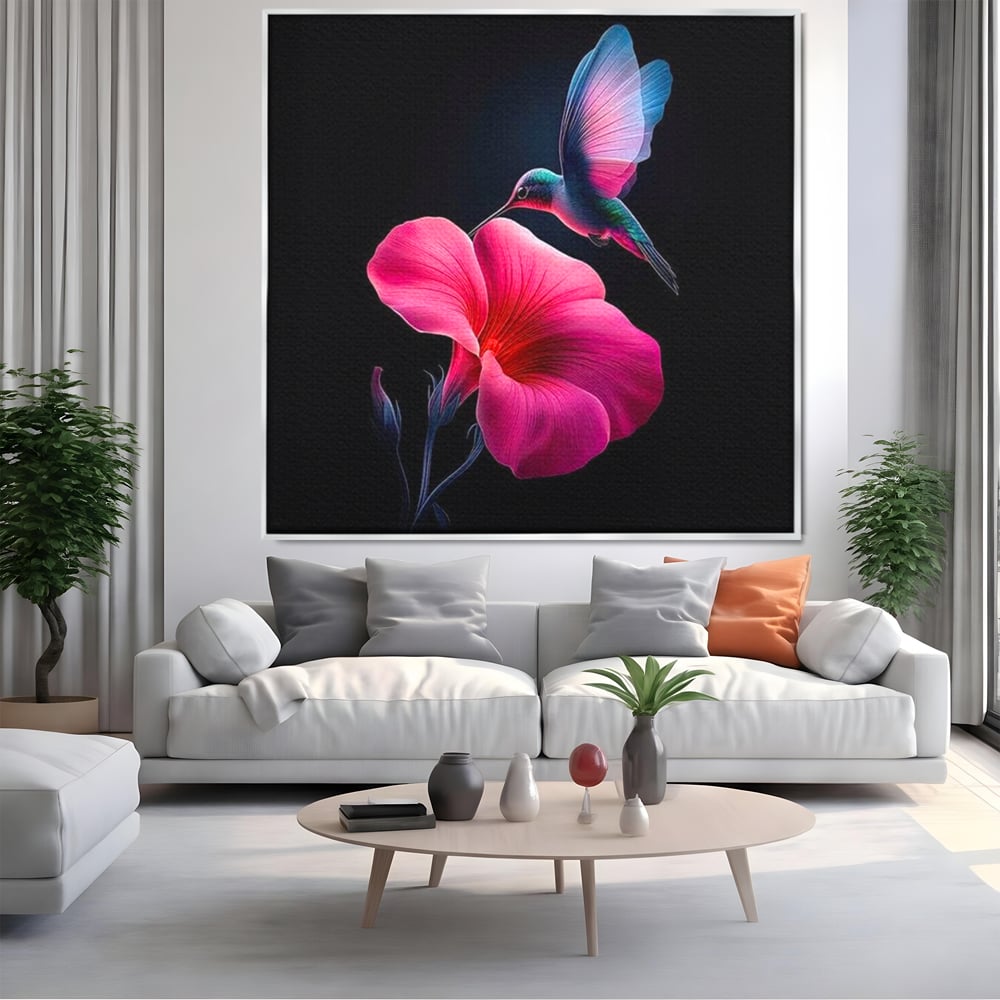 Tablou Canvas Premium, LuxCanva® M1017, Zbor catre Nectarul Vietii, Colibri, Pasare, Pastel, Floare, Petale, Natura, Contrast, Magie, Birou, Living, Camera Copii
