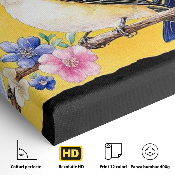 Tablou Canvas Premium, LuxCanva® M1018, Cantec de Primavara, Primavara, Prietenie, Natura, Pasari, Pastel, Familie, Flori, Ramura, Birou, Living, Camera Copii