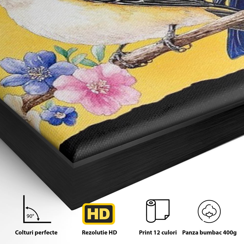 Tablou Canvas Premium, LuxCanva® M1018, Cantec de Primavara, Primavara, Prietenie, Natura, Pasari, Pastel, Familie, Flori, Ramura, Birou, Living, Camera Copii