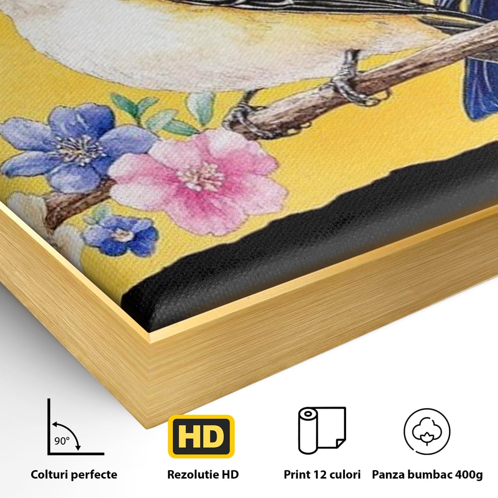 Tablou Canvas Premium, LuxCanva® M1018, Cantec de Primavara, Primavara, Prietenie, Natura, Pasari, Pastel, Familie, Flori, Ramura, Birou, Living, Camera Copii