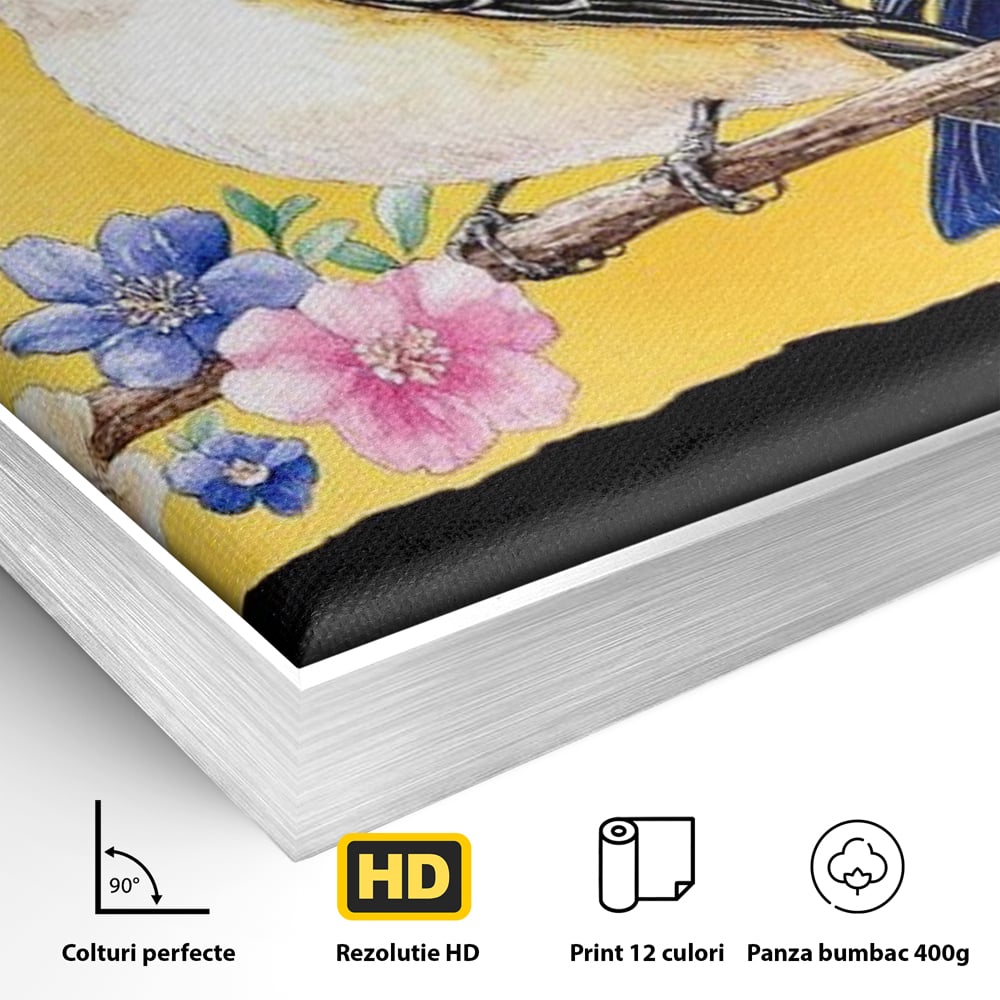 Tablou Canvas Premium, LuxCanva® M1018, Cantec de Primavara, Primavara, Prietenie, Natura, Pasari, Pastel, Familie, Flori, Ramura, Birou, Living, Camera Copii