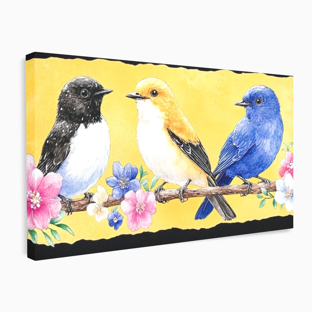 Tablou Canvas Premium, LuxCanva® M1018, Cantec de Primavara, Primavara, Prietenie, Natura, Pasari, Pastel, Familie, Flori, Ramura, Birou, Living, Camera Copii