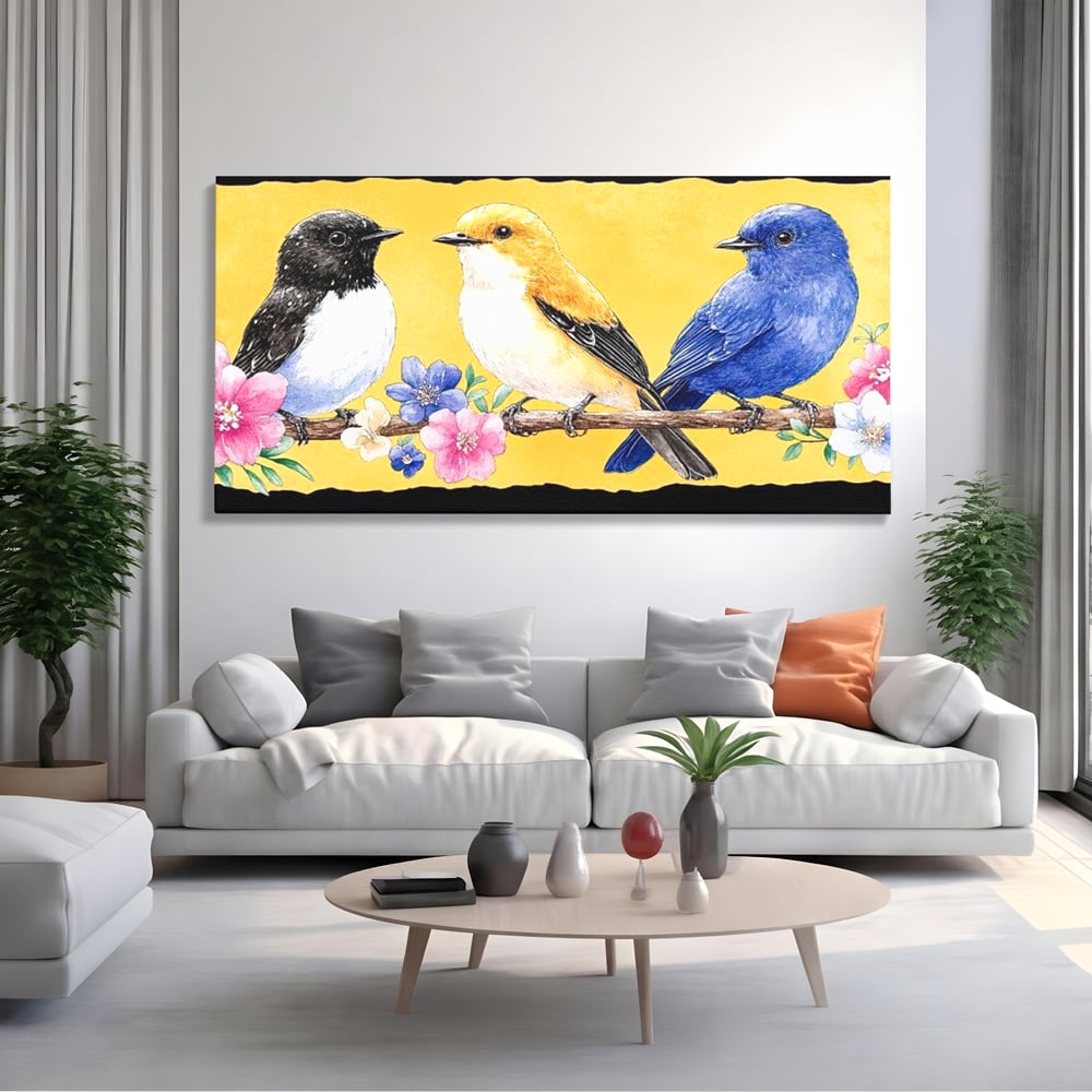 Tablou Canvas Premium, LuxCanva® M1018, Cantec de Primavara, Primavara, Prietenie, Natura, Pasari, Pastel, Familie, Flori, Ramura, Birou, Living, Camera Copii