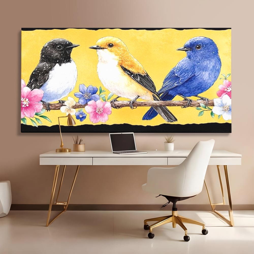 Tablou Canvas Premium, LuxCanva® M1018, Cantec de Primavara, Primavara, Prietenie, Natura, Pasari, Pastel, Familie, Flori, Ramura, Birou, Living, Camera Copii