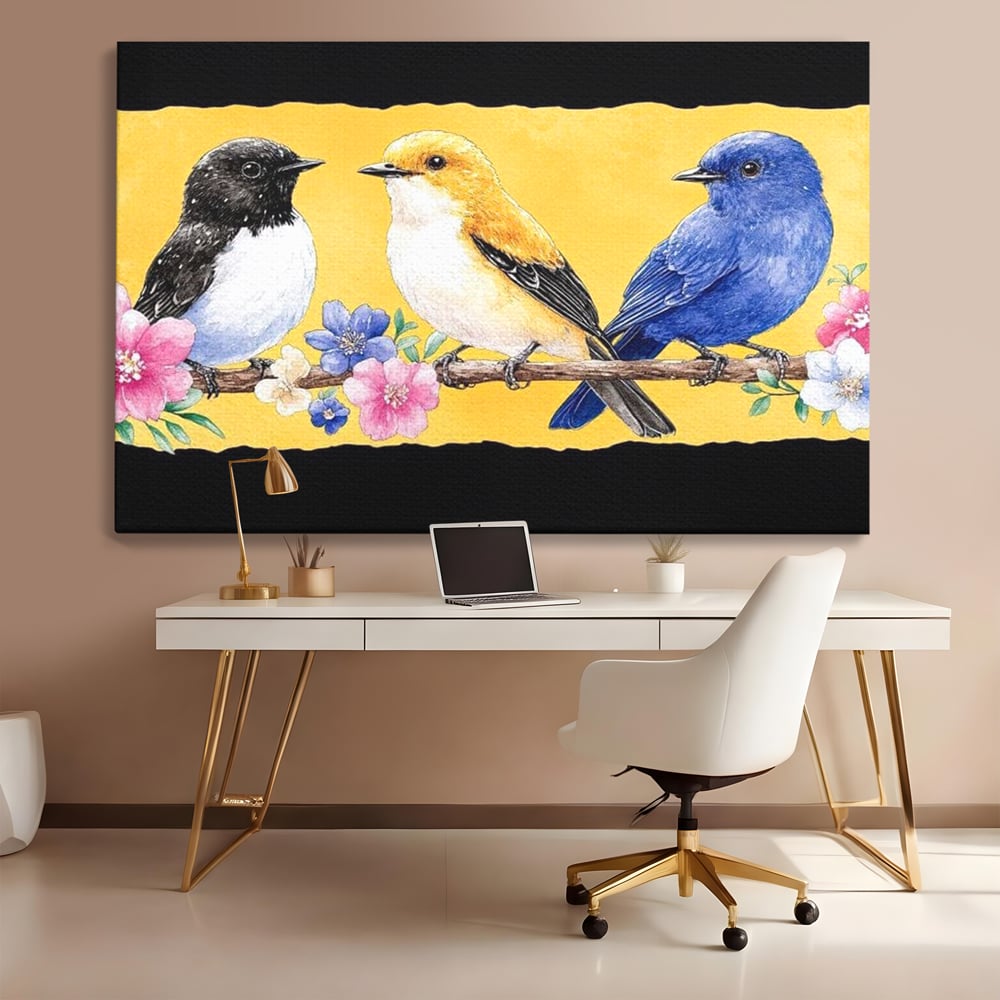 Tablou Canvas Premium, LuxCanva® M1018, Cantec de Primavara, Primavara, Prietenie, Natura, Pasari, Pastel, Familie, Flori, Ramura, Birou, Living, Camera Copii