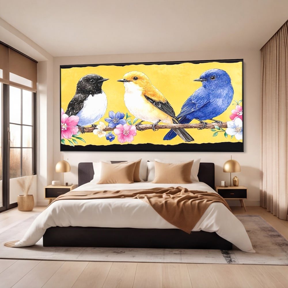 Tablou Canvas Premium, LuxCanva® M1018, Cantec de Primavara, Primavara, Prietenie, Natura, Pasari, Pastel, Familie, Flori, Ramura, Birou, Living, Camera Copii