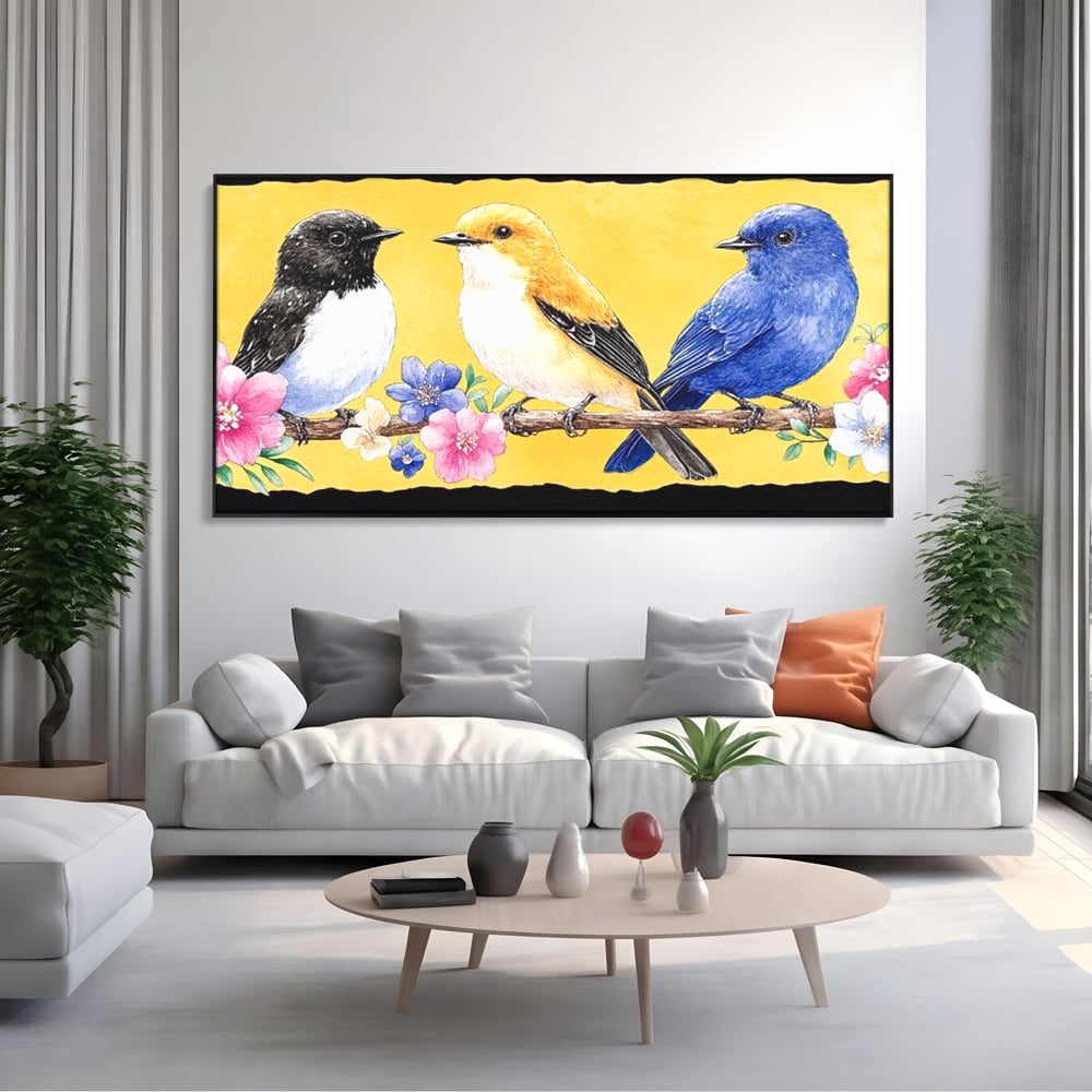 Tablou Canvas Premium, LuxCanva® M1018, Cantec de Primavara, Primavara, Prietenie, Natura, Pasari, Pastel, Familie, Flori, Ramura, Birou, Living, Camera Copii