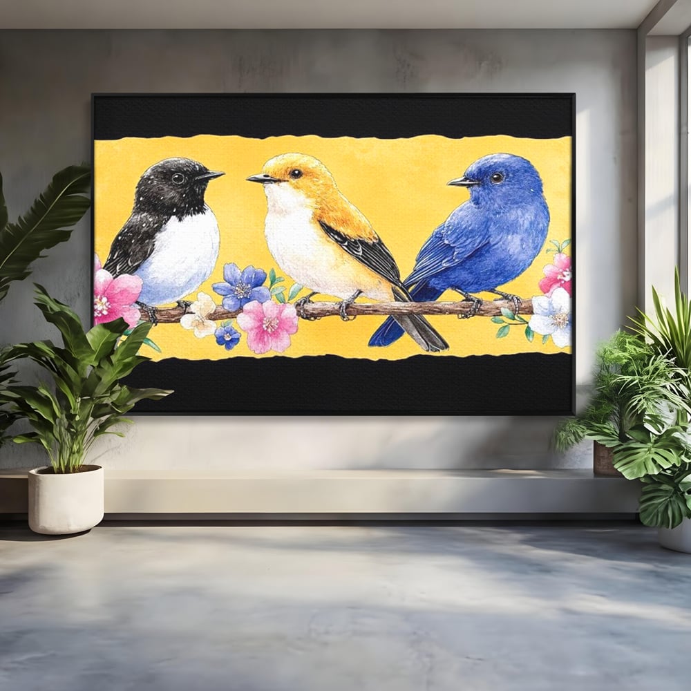 Tablou Canvas Premium, LuxCanva® M1018, Cantec de Primavara, Primavara, Prietenie, Natura, Pasari, Pastel, Familie, Flori, Ramura, Birou, Living, Camera Copii