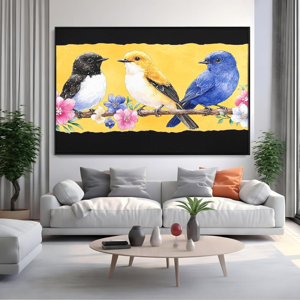 Tablou Canvas Premium, LuxCanva® M1018, Cantec de Primavara, Primavara, Prietenie, Natura, Pasari, Pastel, Familie, Flori, Ramura, Birou, Living, Camera Copii