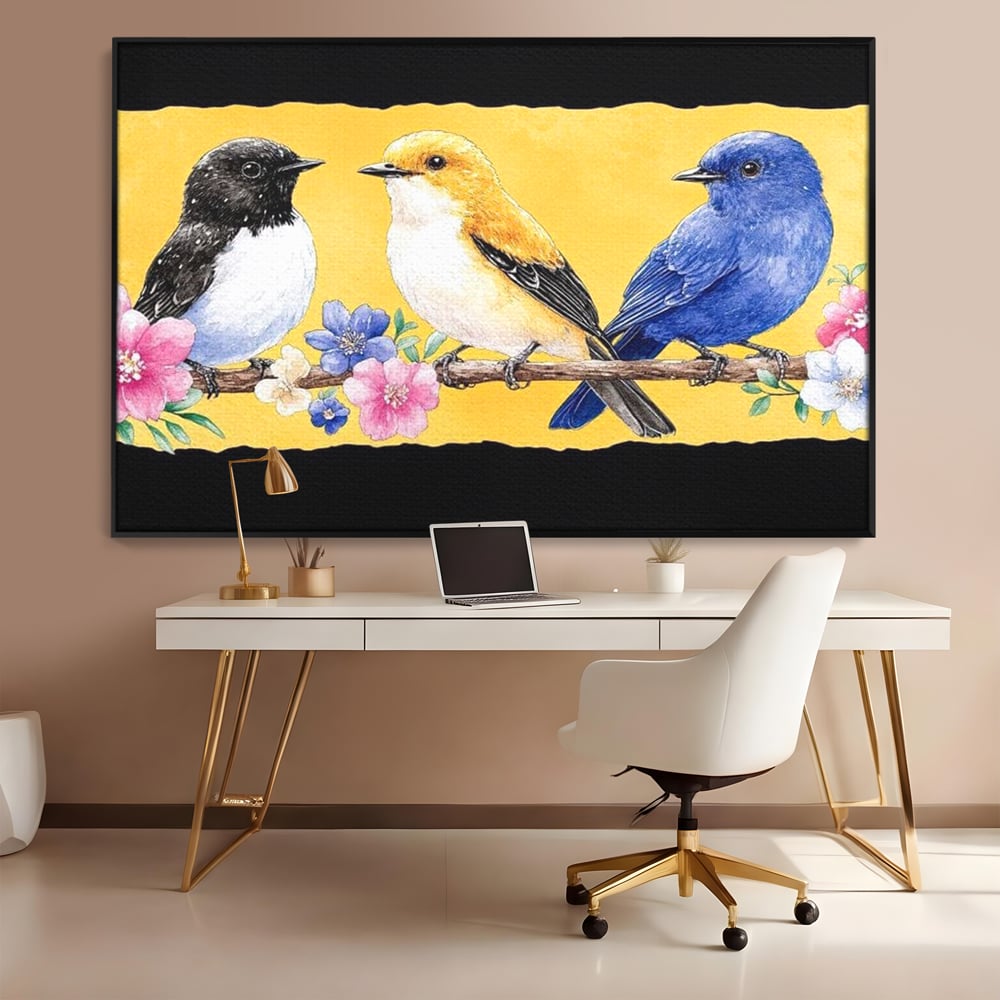 Tablou Canvas Premium, LuxCanva® M1018, Cantec de Primavara, Primavara, Prietenie, Natura, Pasari, Pastel, Familie, Flori, Ramura, Birou, Living, Camera Copii
