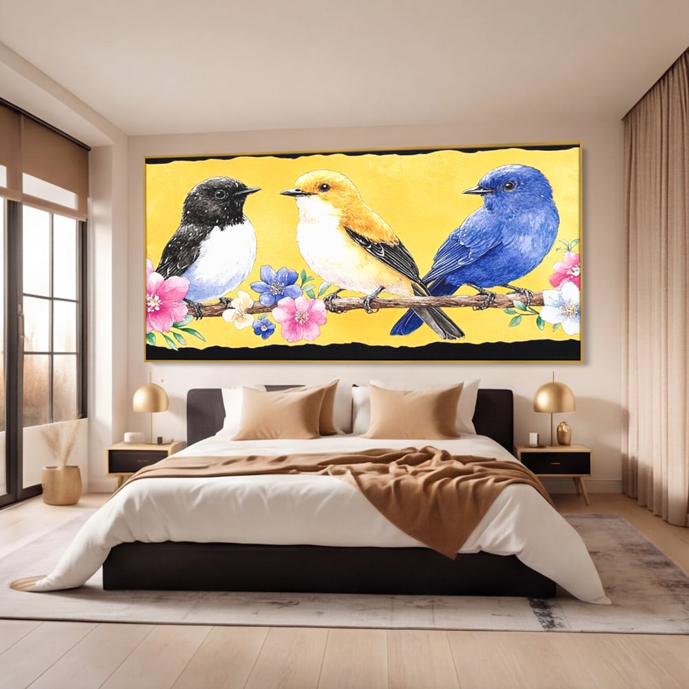 Tablou Canvas Premium, LuxCanva® M1018, Cantec de Primavara, Primavara, Prietenie, Natura, Pasari, Pastel, Familie, Flori, Ramura, Birou, Living, Camera Copii