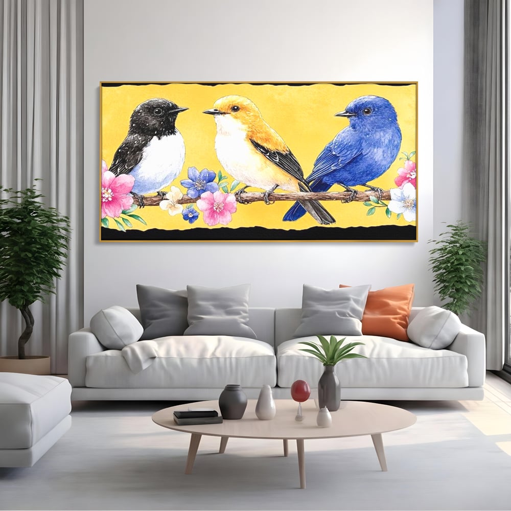 Tablou Canvas Premium, LuxCanva® M1018, Cantec de Primavara, Primavara, Prietenie, Natura, Pasari, Pastel, Familie, Flori, Ramura, Birou, Living, Camera Copii