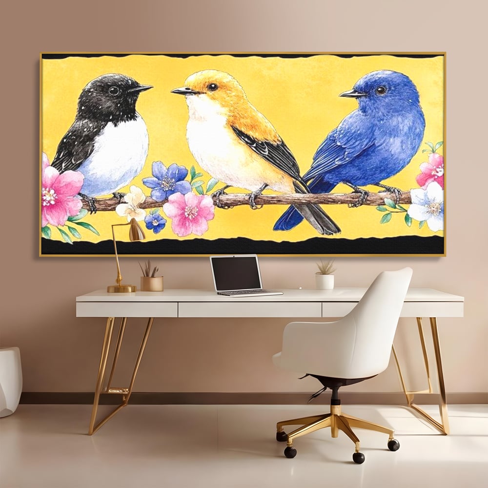 Tablou Canvas Premium, LuxCanva® M1018, Cantec de Primavara, Primavara, Prietenie, Natura, Pasari, Pastel, Familie, Flori, Ramura, Birou, Living, Camera Copii
