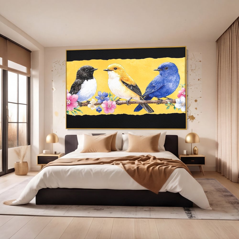 Tablou Canvas Premium, LuxCanva® M1018, Cantec de Primavara, Primavara, Prietenie, Natura, Pasari, Pastel, Familie, Flori, Ramura, Birou, Living, Camera Copii