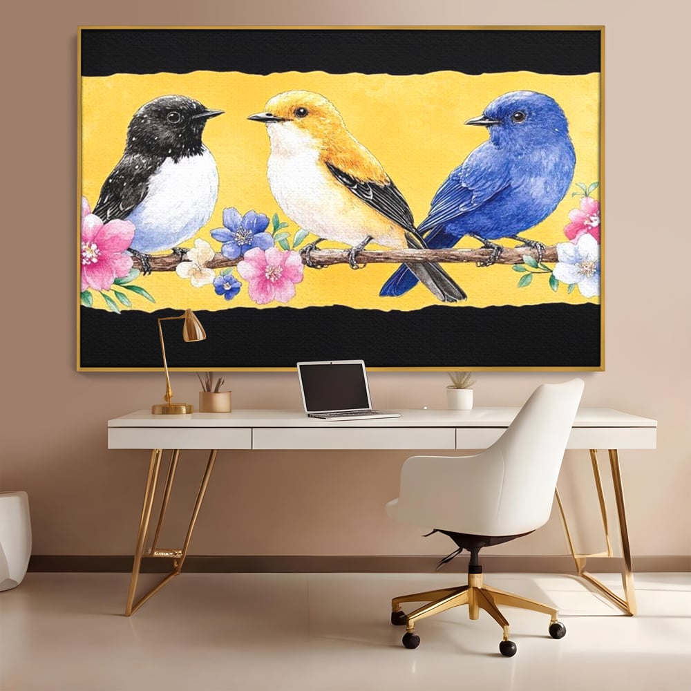 Tablou Canvas Premium, LuxCanva® M1018, Cantec de Primavara, Primavara, Prietenie, Natura, Pasari, Pastel, Familie, Flori, Ramura, Birou, Living, Camera Copii