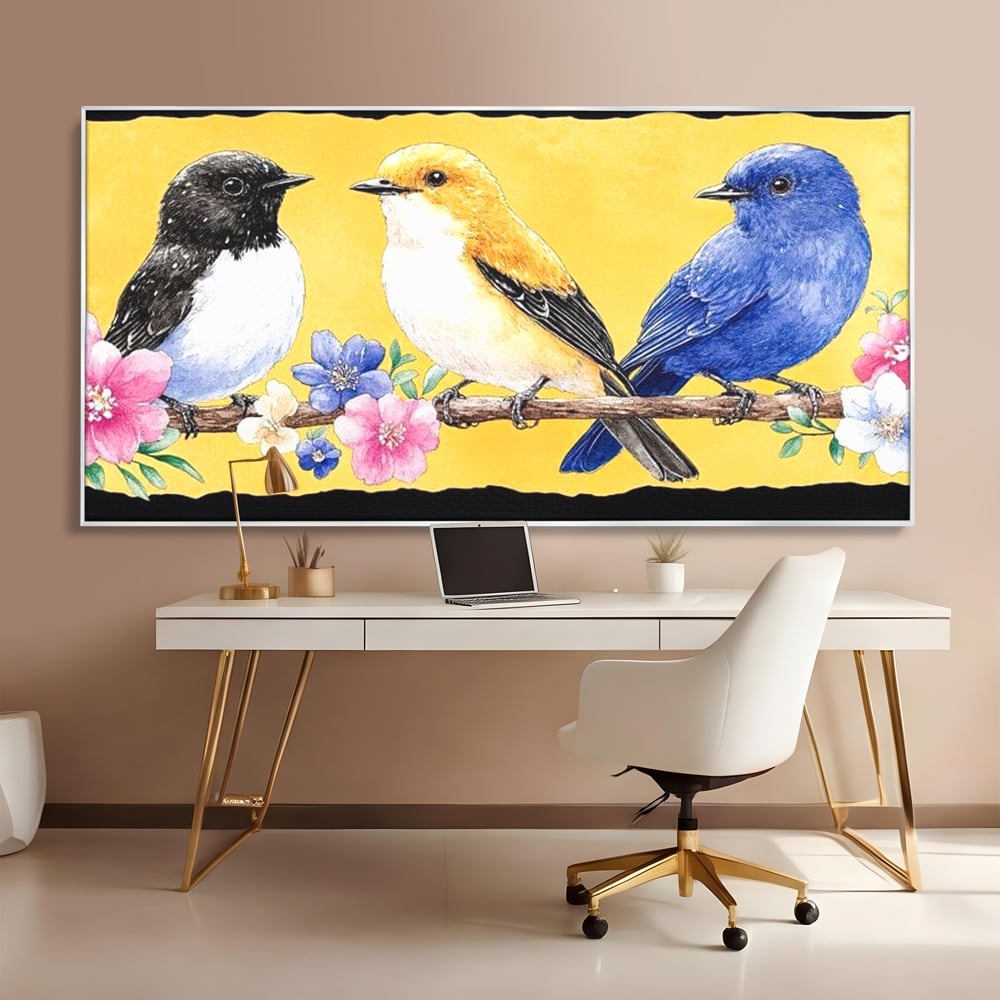 Tablou Canvas Premium, LuxCanva® M1018, Cantec de Primavara, Primavara, Prietenie, Natura, Pasari, Pastel, Familie, Flori, Ramura, Birou, Living, Camera Copii